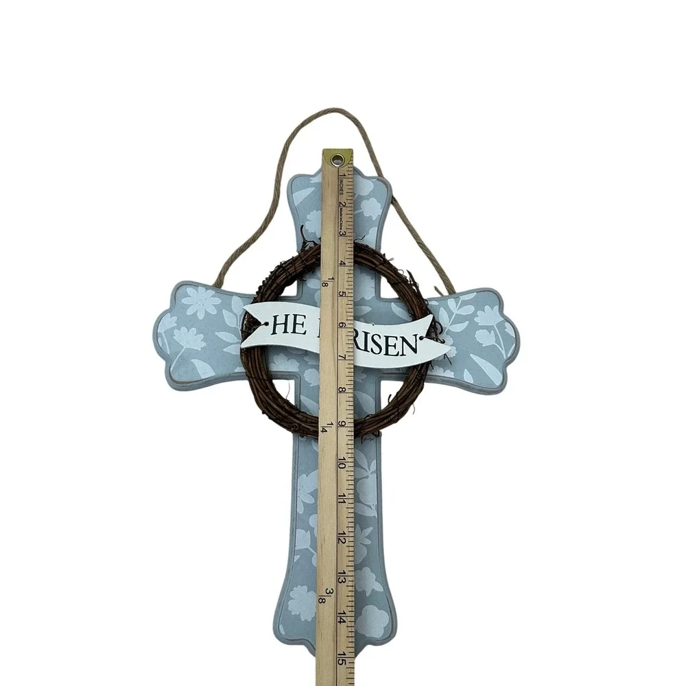 Kirklands Home He Is Risen Floral Wall Cross Blue Wood Wreath Easter Decor 14.5
